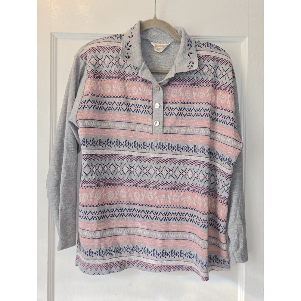 Vintage 90's Season Ticket Geo Floral Knit Collared Button Granny Sweater Gray L